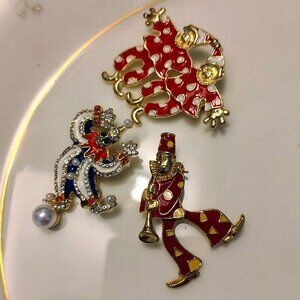 Vtg to Mod Set of 3 Articulated Polka Dot Red Enamel Clown Gold tone Brooch